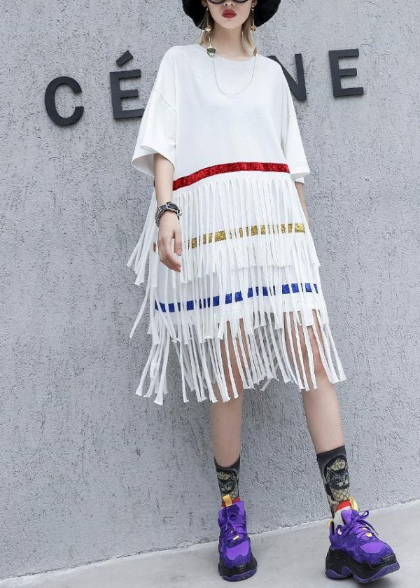 100% white Cotton clothes layered tassel shift summer Dresses - Image 2