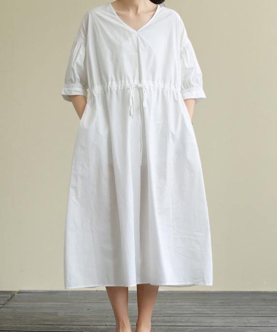 100% white cotton tunic pattern v neck drawstring Maxi Dress