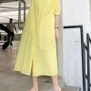100% yellow lapel collar cotton quilting dresses lapel collar loose Dress