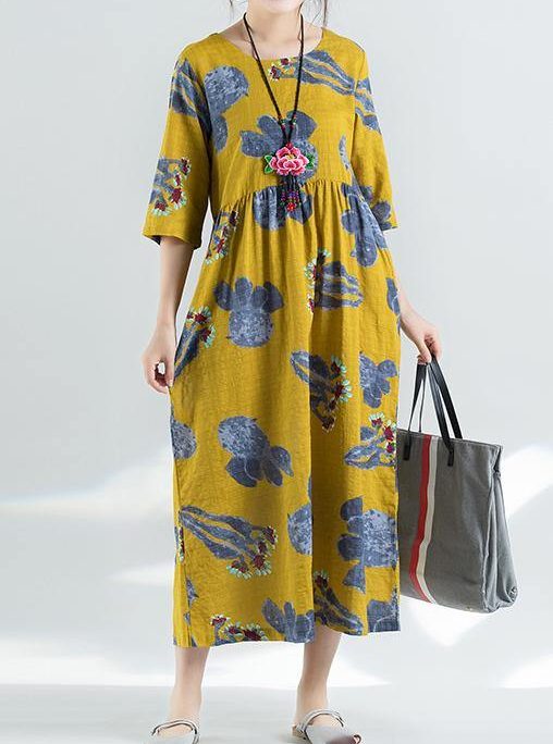 100% yellow prints linen dress Boho Catwalk high waist summer Dresses