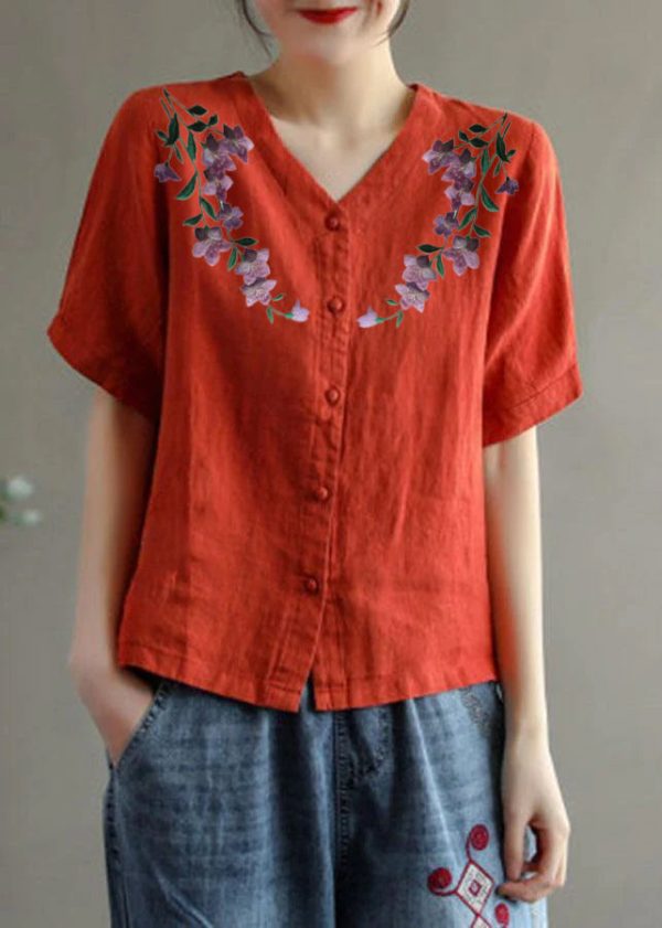 Loose Pink V Neck Embroideried Floral Summer Linen Shirt - Image 6
