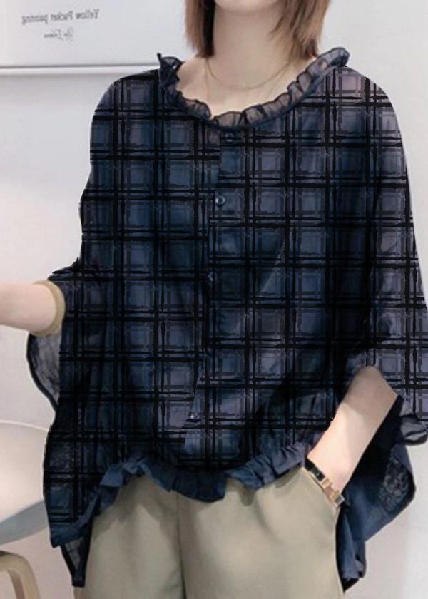 Art Navy Tops Ruffles Trim Half Sleeve Shirts Blouse Plus Size - Image 11