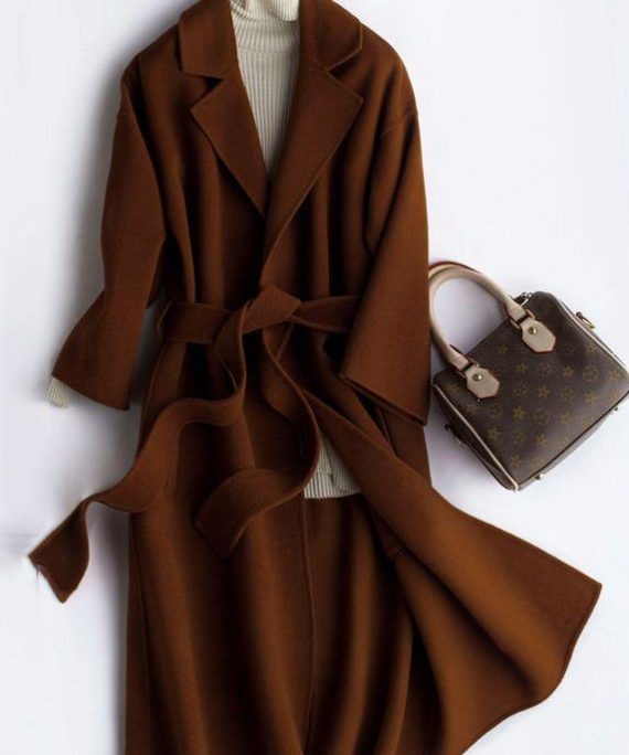Luxury Oversize Trench Coat Coat Brown Notched Tie Waist Woolen Coat Women