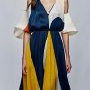 Style Colorblock V Neck Cold Shoulder Silk Maxi Dresses Summer