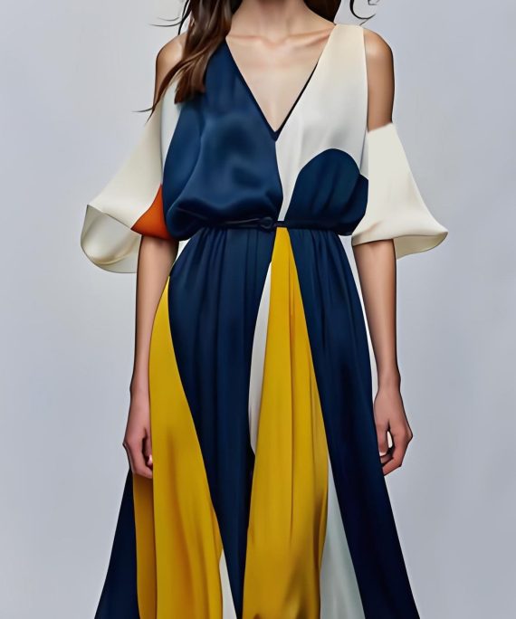 Style Colorblock V Neck Cold Shoulder Silk Maxi Dresses Summer