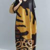 Loose Black V Neck Oversized Leaf Print Chiffon Long Dress Short Sleeve