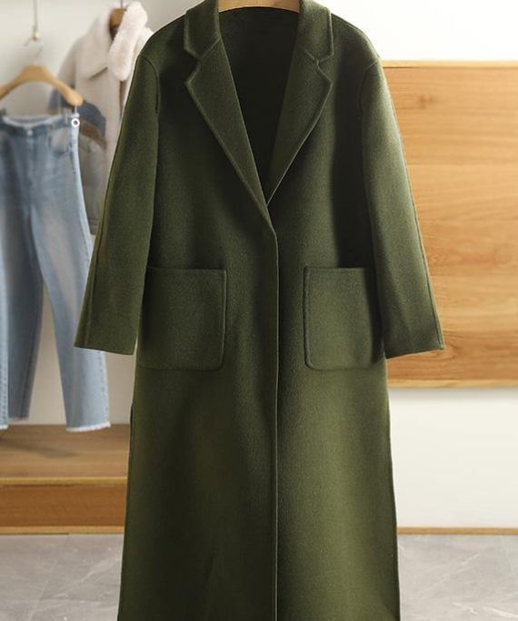 Luxury Army Green Wool Overcoat Casual Notched Pockets Winter Coat