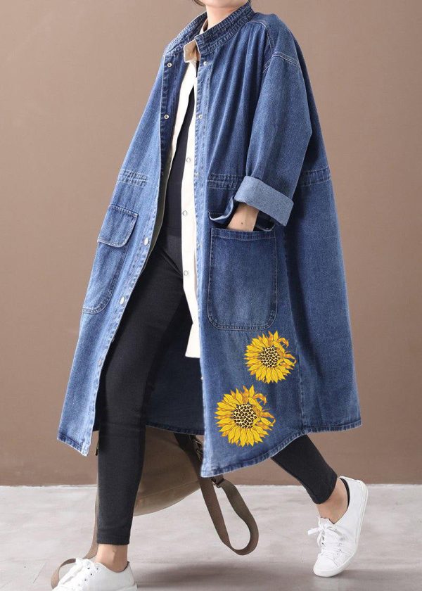 French denim blue Plus Size box coat Shape stand collar drawstring coat - Image 6