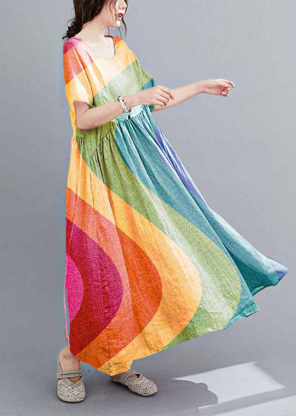 Natural Purple Pockets Short Sleeve Robe Cotton Linen Dresses - Image 6