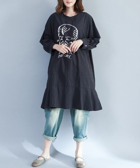 2025 baggy loose black prints cotton dresses plus size long fit a line dress