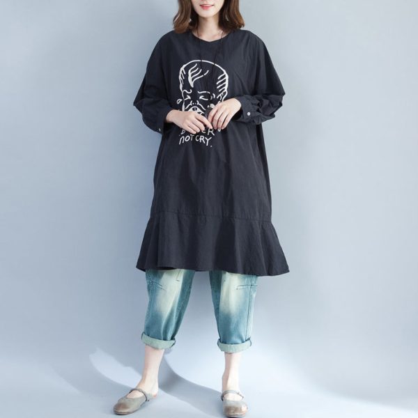 2025 baggy loose black prints cotton dresses plus size long fit a line dress