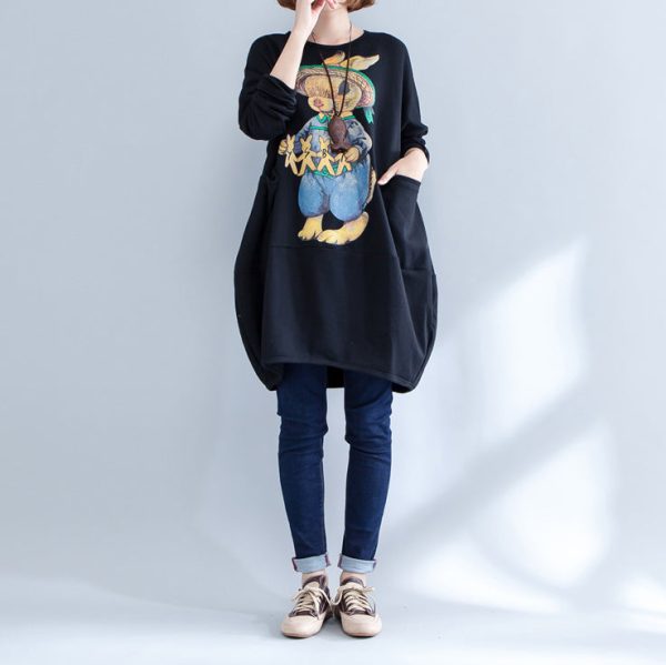 2025 black warm animal print cotton casual dress plus size long sleeve pullover dress - Image 2