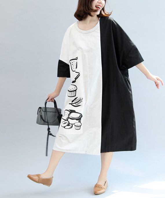 2025 fall black white patchwork cotton dresses oversize print warm outfits