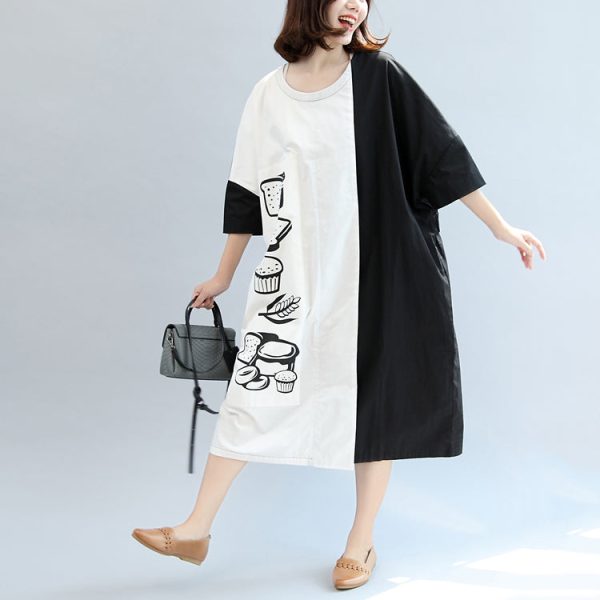 2025 fall black white patchwork cotton dresses oversize print warm outfits