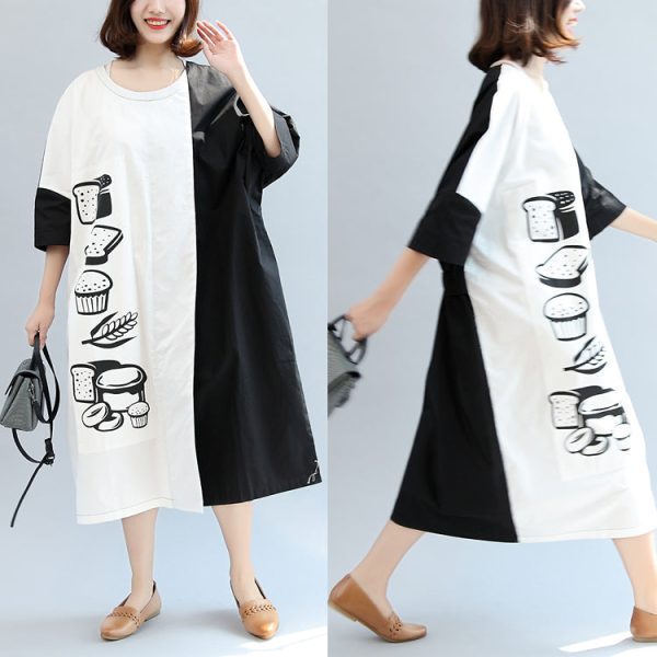 2025 fall black white patchwork cotton dresses oversize print warm outfits - Image 2