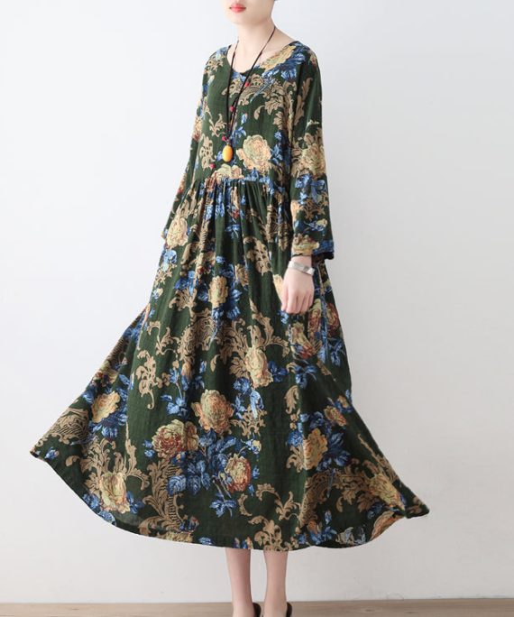 2025 fall green floral tunic linen dresses long cotton maxi dress gown