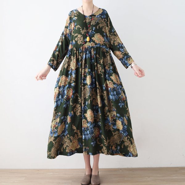 2025 fall green floral tunic linen dresses long cotton maxi dress gown - Image 3