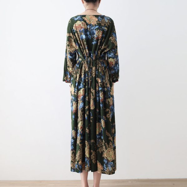 2025 fall green floral tunic linen dresses long cotton maxi dress gown - Image 4