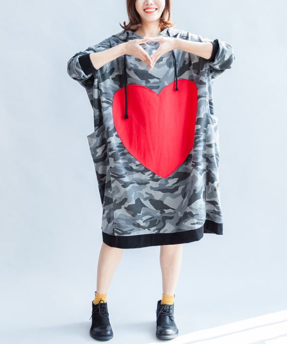 2025 fall prints ruffles black cotton shift dresses hooded oversize casual dress patchwork loving heart