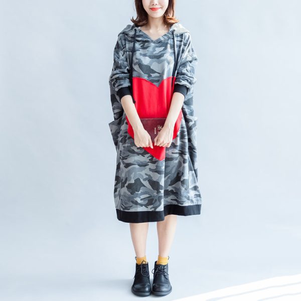 2025 fall prints ruffles black cotton shift dresses hooded oversize casual dress patchwork loving heart - Image 2