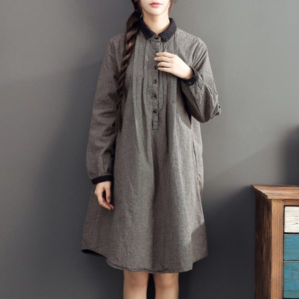 2025 lapel cotton warm mid dresses oversize high waist casual cotton dress - Image 2