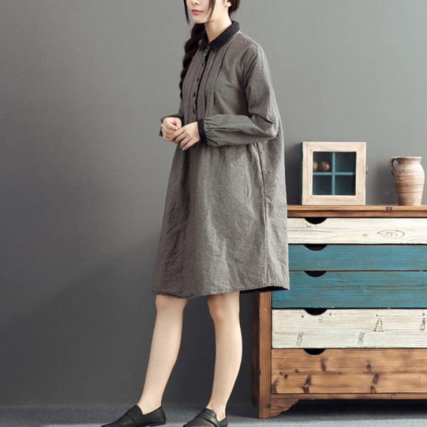 2025 lapel cotton warm mid dresses oversize high waist casual cotton dress - Image 3