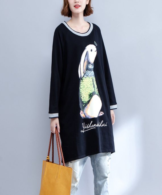 2025 new black cotton dresses baggy fit o neck casual dresses animal prints
