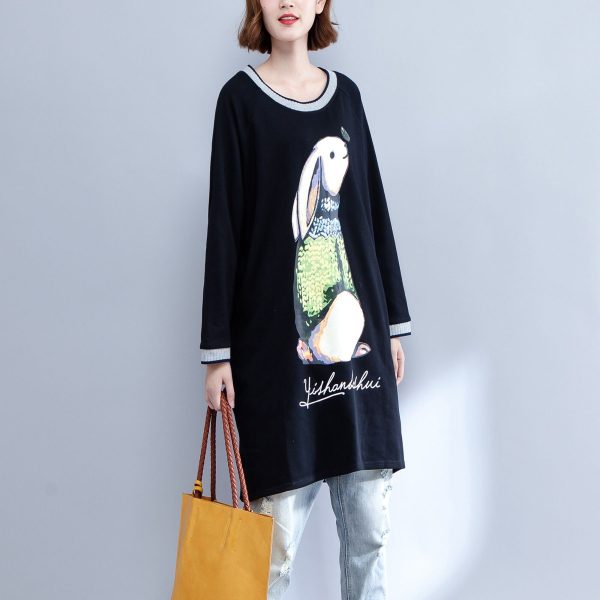 2025 new black cotton dresses baggy fit o neck casual dresses animal prints