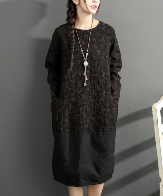 2025 new black prints cotton dresses oversize long sleeve thick warm women dress