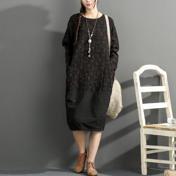 2025 new black prints cotton dresses oversize long sleeve thick warm women dress - Image 2