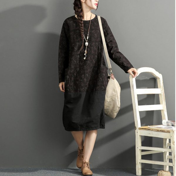 2025 new black prints cotton dresses oversize long sleeve thick warm women dress - Image 3