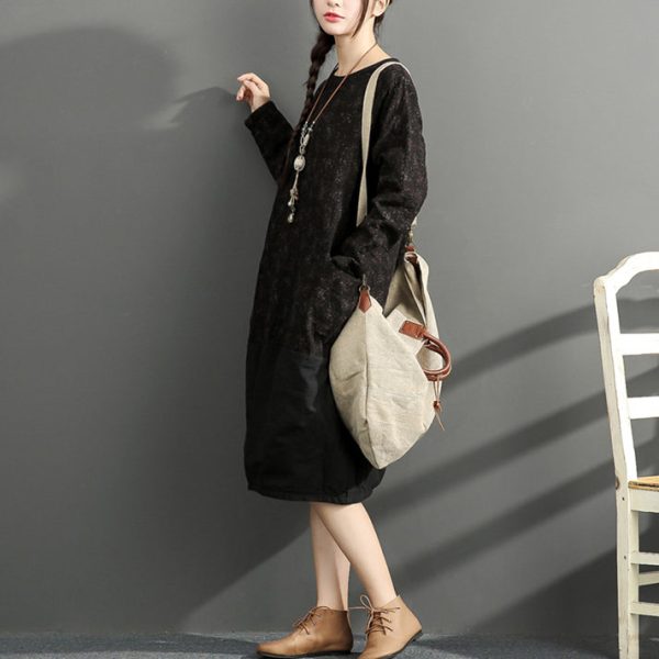 2025 new black prints cotton dresses oversize long sleeve thick warm women dress - Image 4