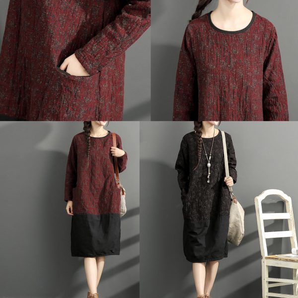 2025 new black prints cotton dresses oversize long sleeve thick warm women dress - Image 5