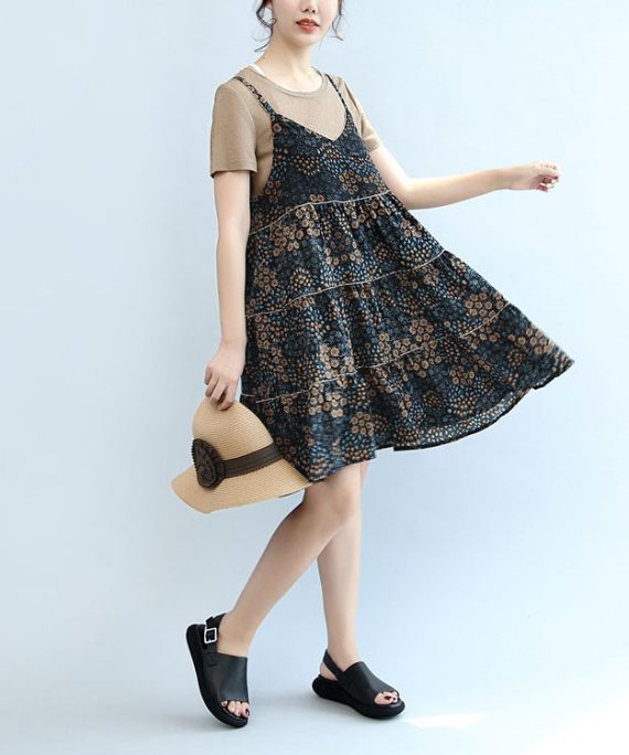 2025 summer brown casual t shirt and floral stylish sleeveless linen dresses two pieces