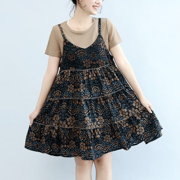 2025 summer brown casual t shirt and floral stylish sleeveless linen dresses two pieces - Image 2