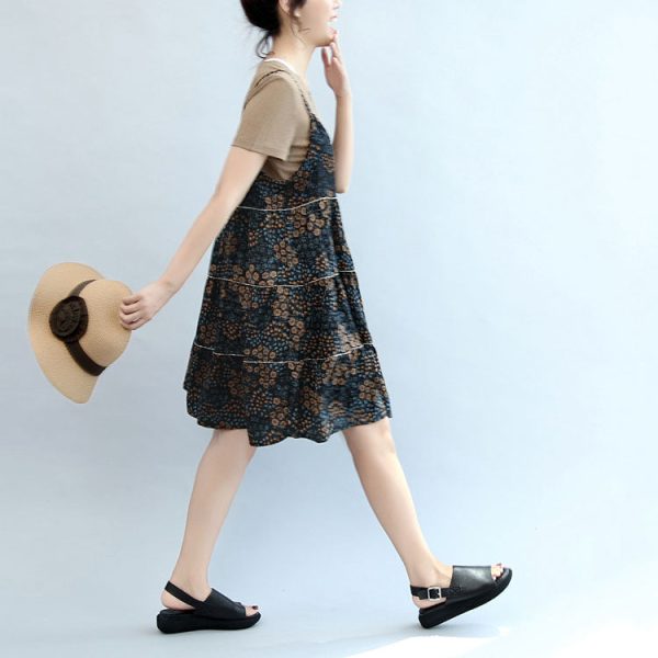 2025 summer brown casual t shirt and floral stylish sleeveless linen dresses two pieces - Image 3