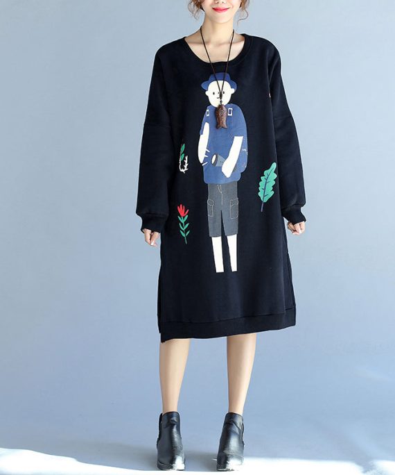2025 winter black thick cotton dresses plus size prints long sleeve side open casual shift dress