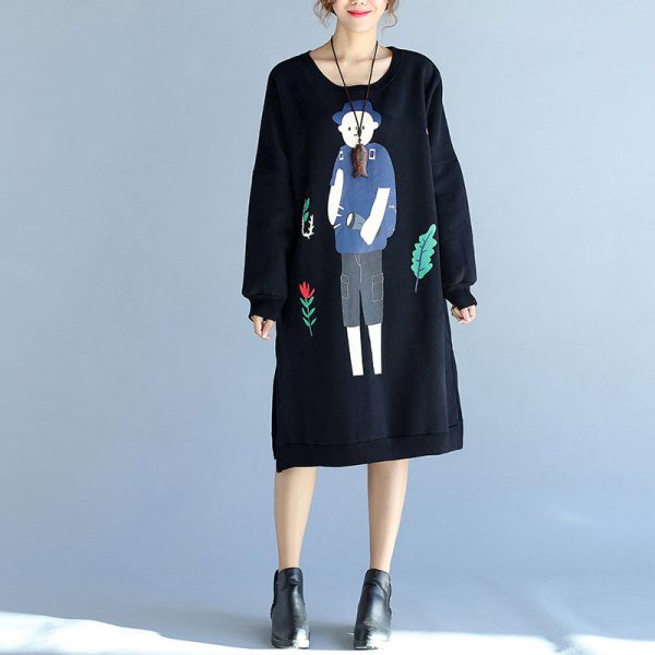 2025 winter black thick cotton dresses plus size prints long sleeve side open casual shift dress