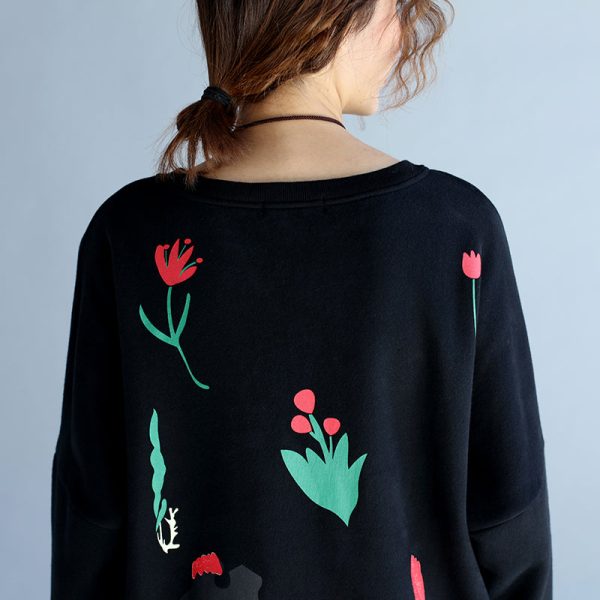 2025 winter black thick cotton dresses plus size prints long sleeve side open casual shift dress - Image 5
