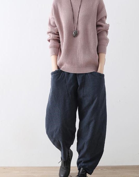 2025 winter dark blue cotton pants warm thick oversized linen pants casual cozy style