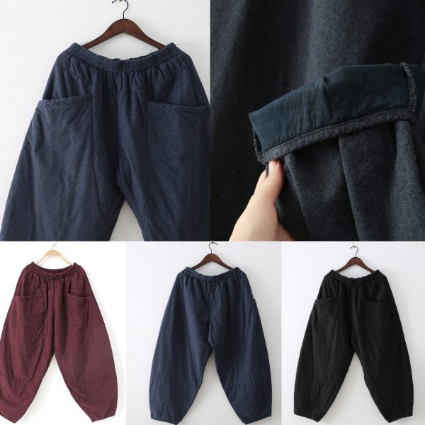 2025 winter dark blue cotton pants warm thick oversized linen pants casual cozy style - Image 5