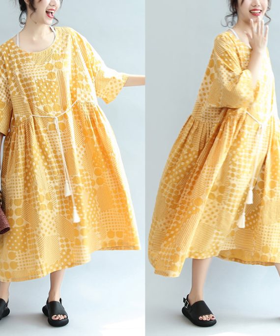 2025 yellow casual cotton dresses print plus size sundress bracelet sleeved maxi dress