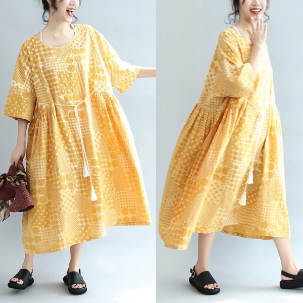 2025 yellow casual cotton dresses print plus size sundress bracelet sleeved maxi dress