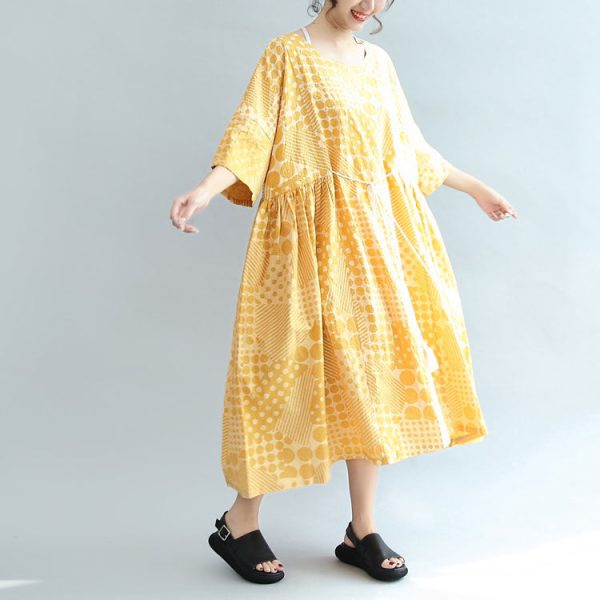 2025 yellow casual cotton dresses print plus size sundress bracelet sleeved maxi dress - Image 2