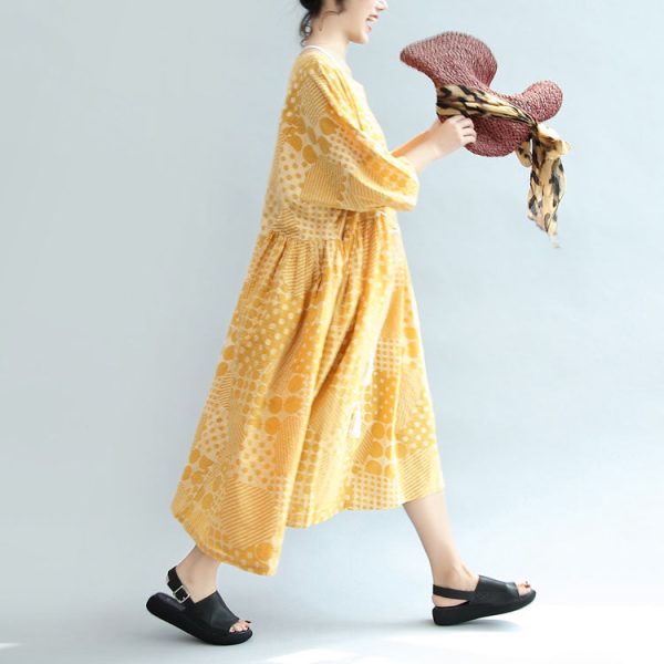 2025 yellow casual cotton dresses print plus size sundress bracelet sleeved maxi dress - Image 3