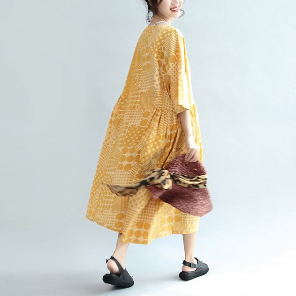 2025 yellow casual cotton dresses print plus size sundress bracelet sleeved maxi dress - Image 4