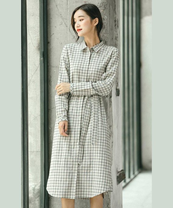 2018 Plaid fall casual linen dress baggy turn-down Collar linen dress