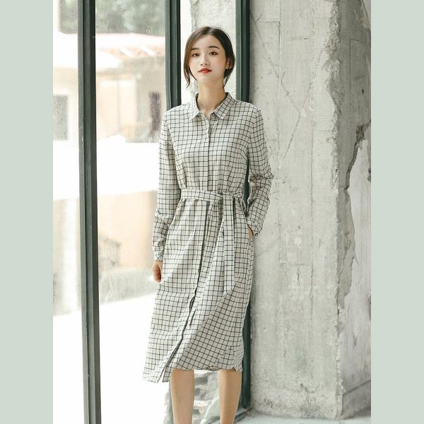 2018 Plaid fall casual linen dress baggy turn-down Collar linen dress - Image 2