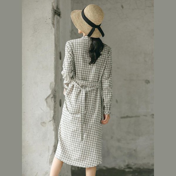 2018 Plaid fall casual linen dress baggy turn-down Collar linen dress - Image 4