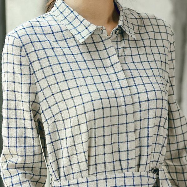2018 Plaid fall casual linen dress baggy turn-down Collar linen dress - Image 5